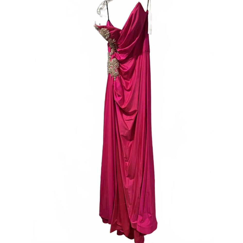 NEW JESSICA ANGEL crystal-beaded appliqué strapless gown in fuschia